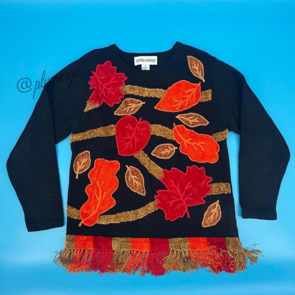 Victoria Harbour Women's Vintage Colorful Fall Leaves Autumn Sweater Size M